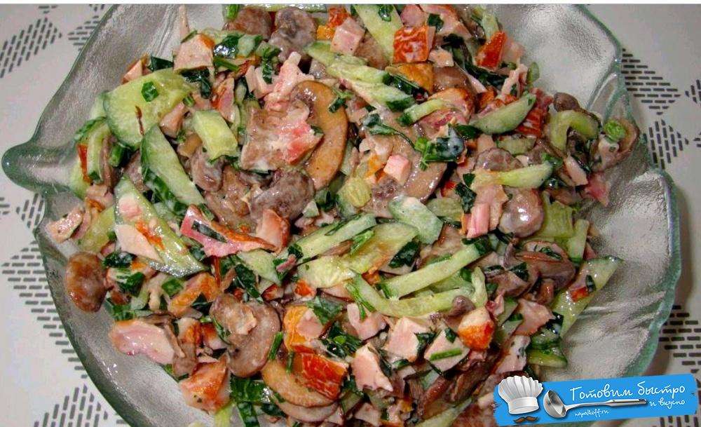 Вкусный салат с копченой курицей и грибами - рецепт с фото и видео